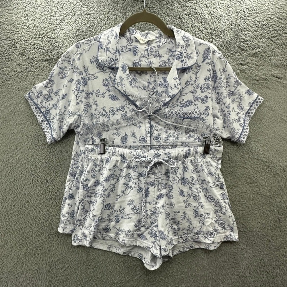 Laura Ashley Womens Blue White Floral Bird Toile Pajama Set Shorts Top Small